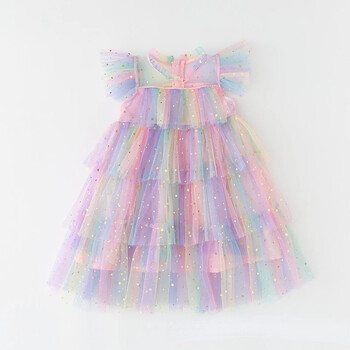 Κοριτσίστικα τούλι Super Fairy Princess Dresses Fly Sleeve Rainbow Star Sequined Cake Dress Children Mesh Puffy Birthday Party Vestidos