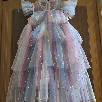 Κοριτσίστικα τούλι Super Fairy Princess Dresses Fly Sleeve Rainbow Star Sequined Cake Dress Children Mesh Puffy Birthday Party Vestidos