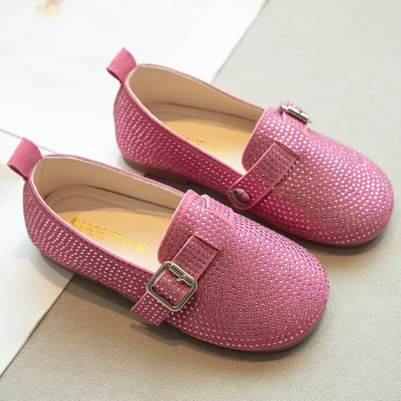 Laste lamedad kingad šikid pidulikud poisid, tüdrukud, nahast kingad, pehme tald, 2024. aasta uued Rhinestone`i laste vabaajajalatsid lukuga libisemisega