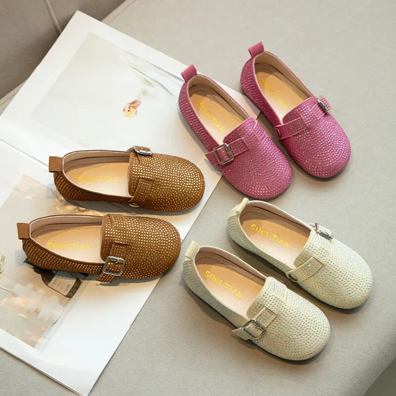 Laste lamedad kingad šikid pidulikud poisid, tüdrukud, nahast kingad, pehme tald, 2024. aasta uued Rhinestone`i laste vabaajajalatsid lukuga libisemisega