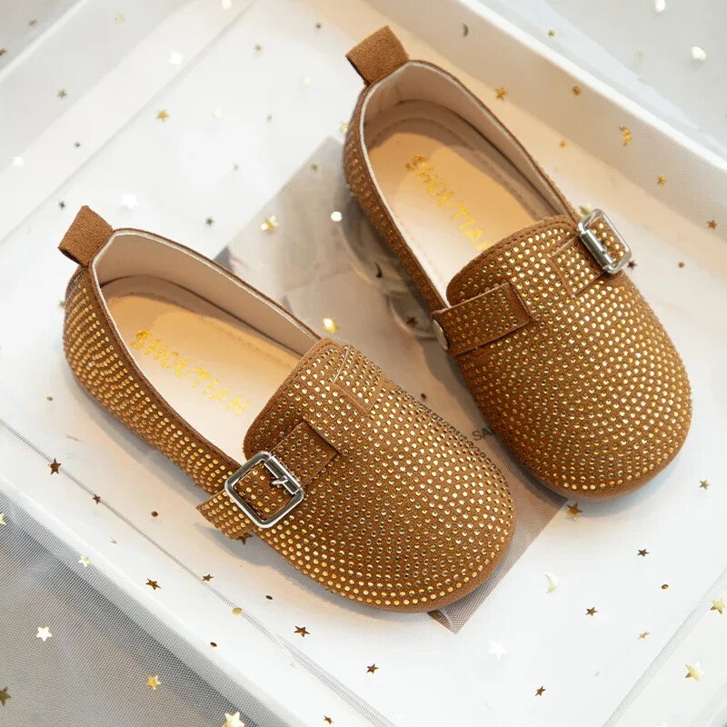 Laste lamedad kingad šikid pidulikud poisid, tüdrukud, nahast kingad, pehme tald, 2024. aasta uued Rhinestone`i laste vabaajajalatsid lukuga libisemisega