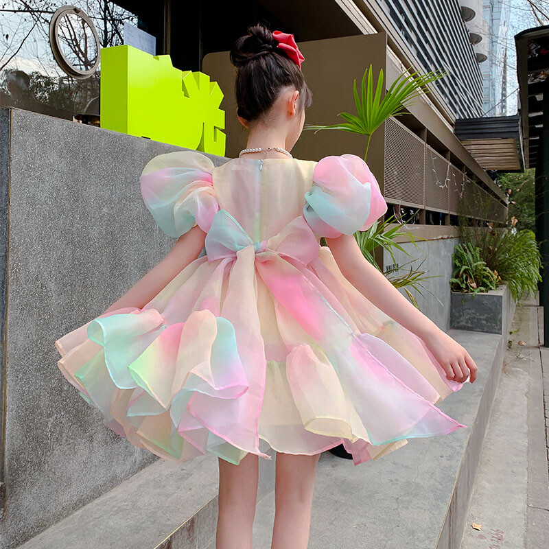 2024 Rochii de vară pentru bebeluși Rochie din fire curcubeu pentru fetiță, cu mâneci bufante, cu fundă, tutu, rochie de bal, mini petrecere, haine pentru copii