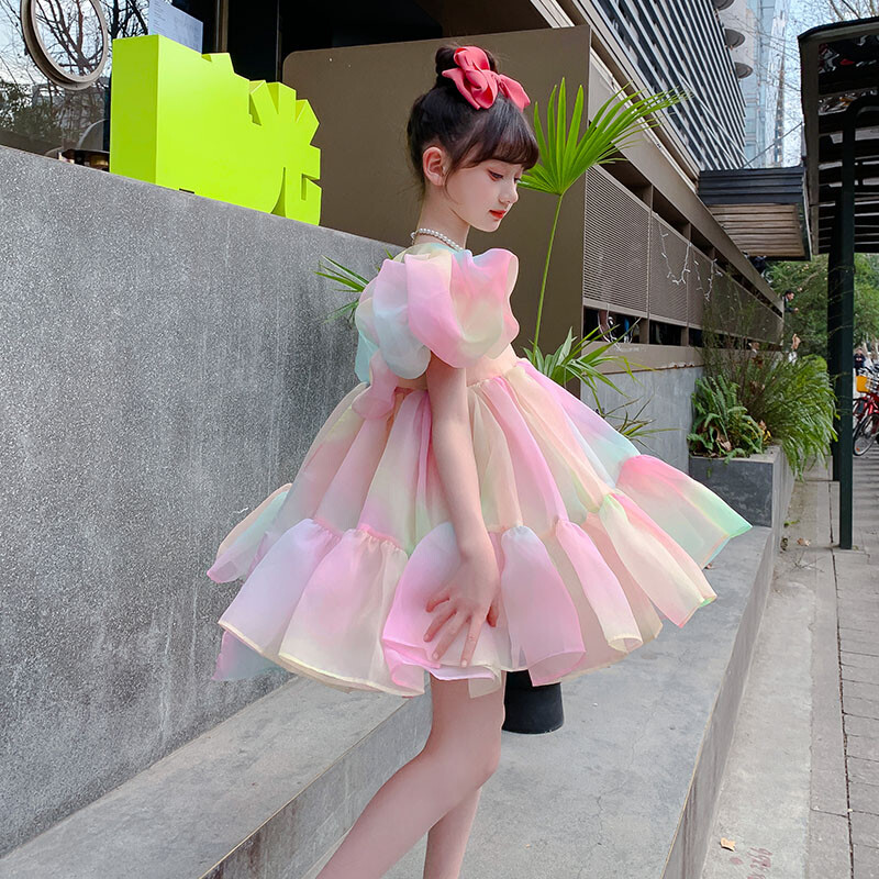 2024 Rochii de vară pentru bebeluși Rochie din fire curcubeu pentru fetiță, cu mâneci bufante, cu fundă, tutu, rochie de bal, mini petrecere, haine pentru copii