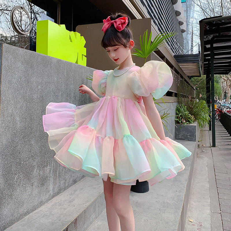 2024 Rochii de vară pentru bebeluși Rochie din fire curcubeu pentru fetiță, cu mâneci bufante, cu fundă, tutu, rochie de bal, mini petrecere, haine pentru copii