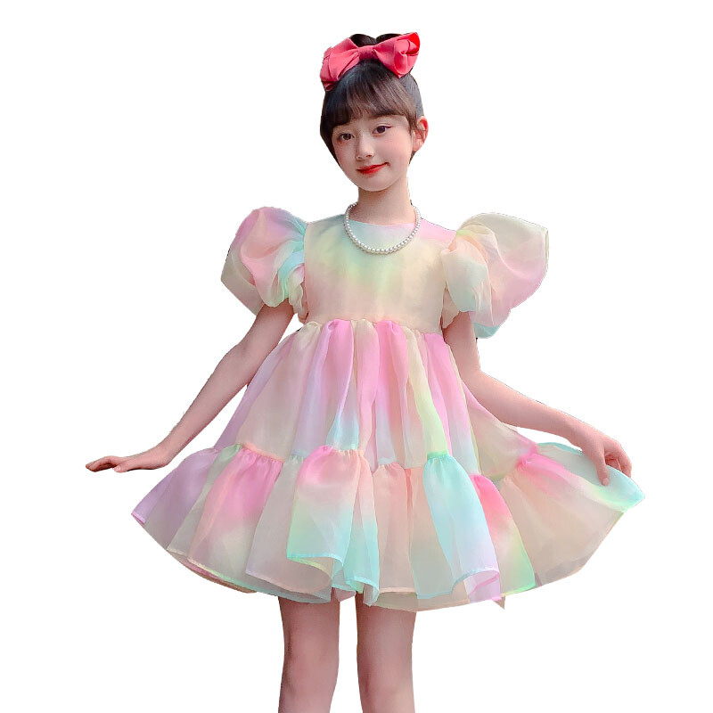 2024 Rochii de vară pentru bebeluși Rochie din fire curcubeu pentru fetiță, cu mâneci bufante, cu fundă, tutu, rochie de bal, mini petrecere, haine pentru copii