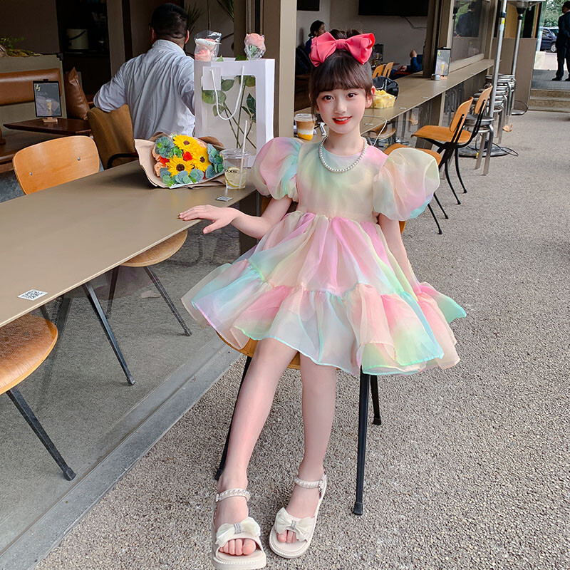 2024 Rochii de vară pentru bebeluși Rochie din fire curcubeu pentru fetiță, cu mâneci bufante, cu fundă, tutu, rochie de bal, mini petrecere, haine pentru copii