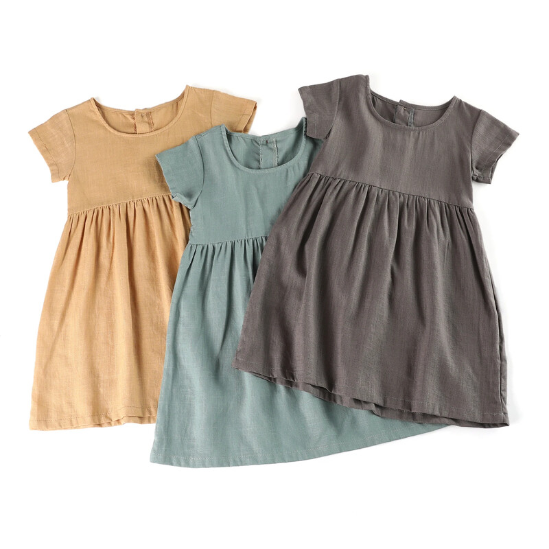 Ruffkids vabaaja linane puuvillane laste kleidid puhkeriided lihtsad lühikeste varrukatega sinine midi puhkuse suvekleit tüdrukutele