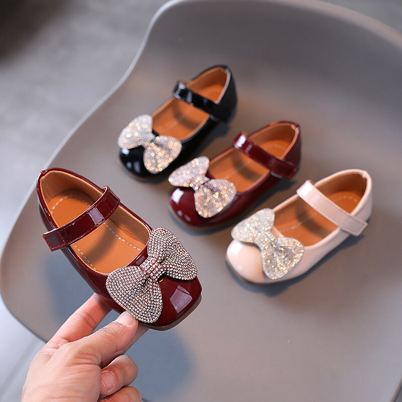 Нови обувки за принцеса за малко момиченце, бебешки панделки, лачени обувки с кристали, модни детски парти обувки, равни обувки, ежедневни обувки G854