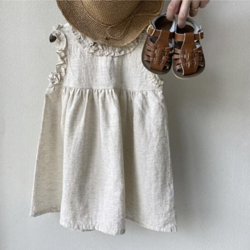Рокля за бебе момиче 1-6 години Едноцветен лен, памук с волани, Детски рокли, Лятна парти рокля на принцеса, А-силует, сарафан за малко момиче