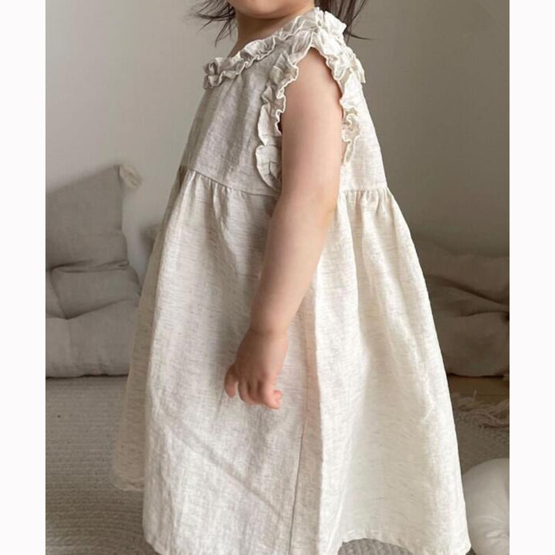 Рокля за бебе момиче 1-6 години Едноцветен лен, памук с волани, Детски рокли, Лятна парти рокля на принцеса, А-силует, сарафан за малко момиче