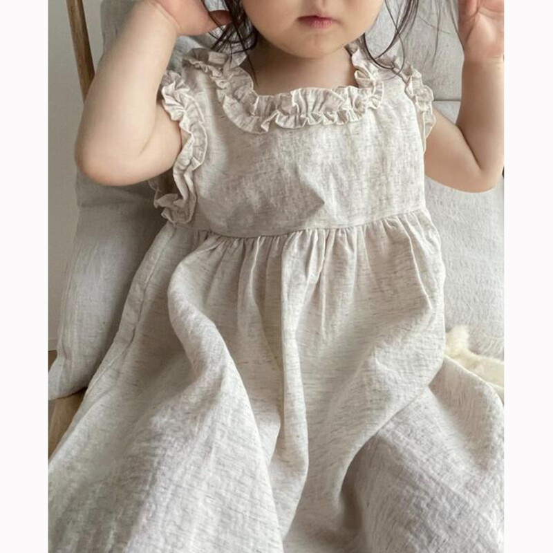 Рокля за бебе момиче 1-6 години Едноцветен лен, памук с волани, Детски рокли, Лятна парти рокля на принцеса, А-силует, сарафан за малко момиче