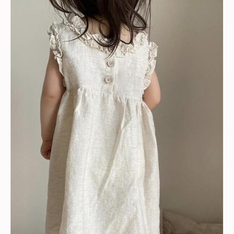 Рокля за бебе момиче 1-6 години Едноцветен лен, памук с волани, Детски рокли, Лятна парти рокля на принцеса, А-силует, сарафан за малко момиче