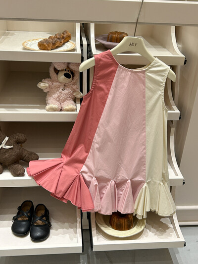 Ležerne haljine za djevojčice, korejske ljetne nove, modne prsluke koji blokiraju boje 2024., dječja odjeća s okruglim ovratnikom, jednostavna