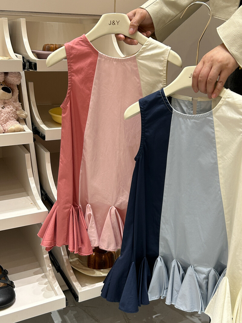 Ležerne haljine za djevojčice, korejske ljetne nove, modne prsluke koji blokiraju boje 2024., dječja odjeća s okruglim ovratnikom, jednostavna