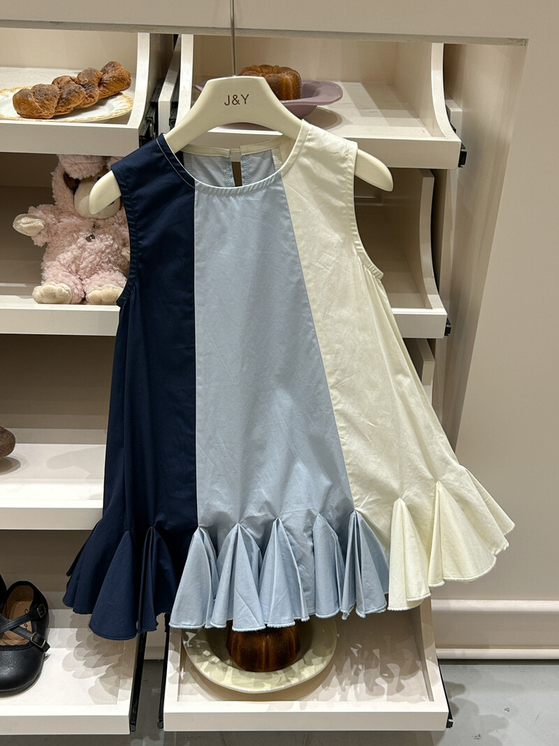 Ležerne haljine za djevojčice, korejske ljetne nove, modne prsluke koji blokiraju boje 2024., dječja odjeća s okruglim ovratnikom, jednostavna