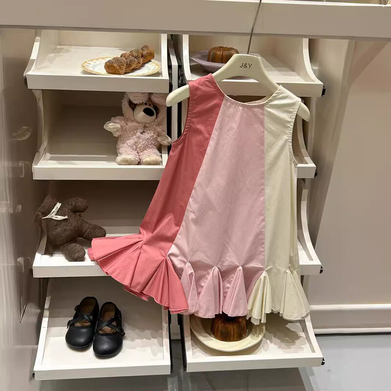 Ležerne haljine za djevojčice, korejske ljetne nove, modne prsluke koji blokiraju boje 2024., dječja odjeća s okruglim ovratnikom, jednostavna