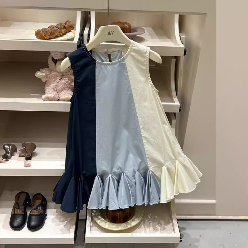 Ležerne haljine za djevojčice, korejske ljetne nove, modne prsluke koji blokiraju boje 2024., dječja odjeća s okruglim ovratnikom, jednostavna