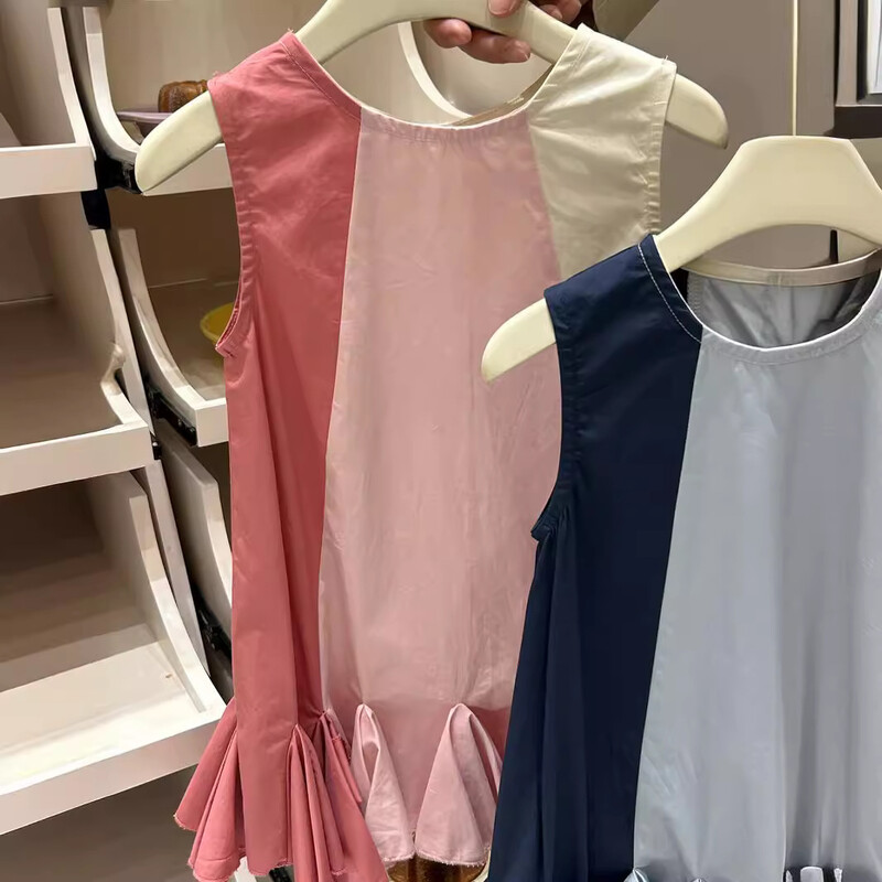 Ležerne haljine za djevojčice, korejske ljetne nove, modne prsluke koji blokiraju boje 2024., dječja odjeća s okruglim ovratnikom, jednostavna