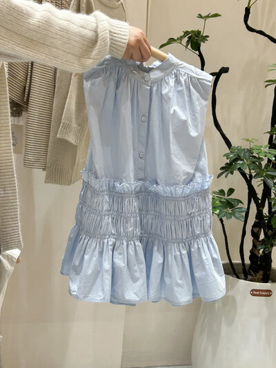 Κορίτσια Casual Φορέματα Καλοκαιρινή Νέα Κορεάτικη μόδα φόρεμα από βαμβακερό ύφασμα Παιδικά ρούχα 2024 με κουμπιά πλισέ μασίφ χαλαρά