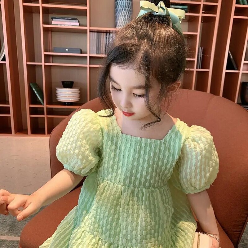 Laste lühikeste varrukatega kleit Uus suvine tüdruk, lahtise seljaga, vööriprintsessi kleit, välismaise mulli varrukatega kleit