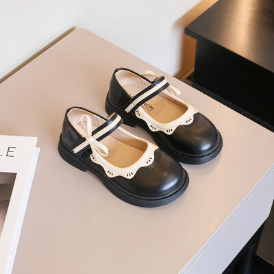 Dječja modna kožna obuća za djevojčice Čipkasta mašna u boji Mekana 2023. Dječja obuća s isporukom u isporuci Neklizajuća, s okruglim prstima, crna bež