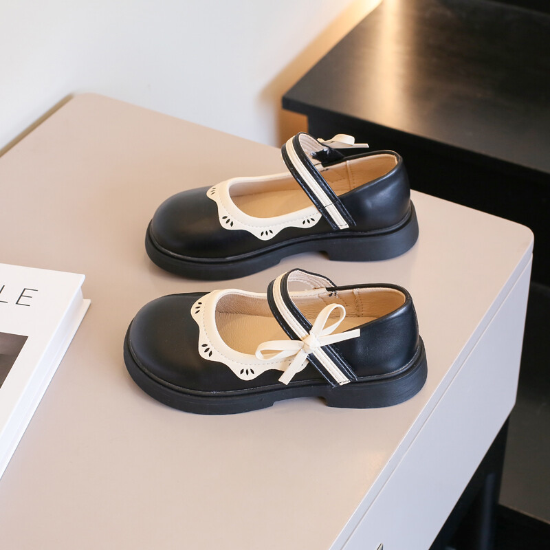 Dječja modna kožna obuća za djevojčice Čipkasta mašna u boji Mekana 2023. Dječja obuća s isporukom u isporuci Neklizajuća, s okruglim prstima, crna bež