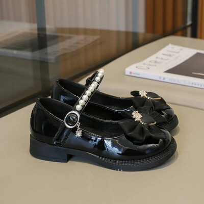 Обувки за момиче принцеса, пролет, есен, детски сладки кожени обувки с панделка, модна универсална детска рокля с перлена корона Обувки на Мери Джейн