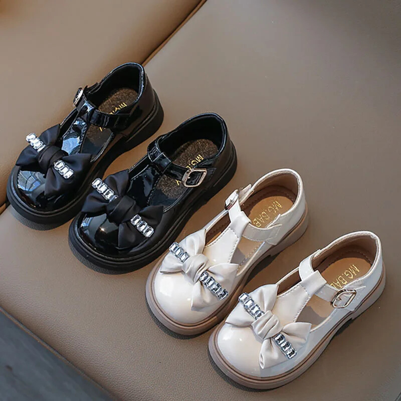 Uued tüdrukute T-rihmaga kingad Rhinestone nahast kingad Laste Oxfordi kingad Laste mustad pandlaga rihmaga kleidikingad libisemiskindlad