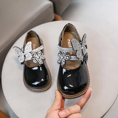 Dječje kožne cipele za 2024. Luksuzne cipele princeze s leptirima od kamenčića za djevojčice Modne slatke sjajne dječje cipele za vjenčanje