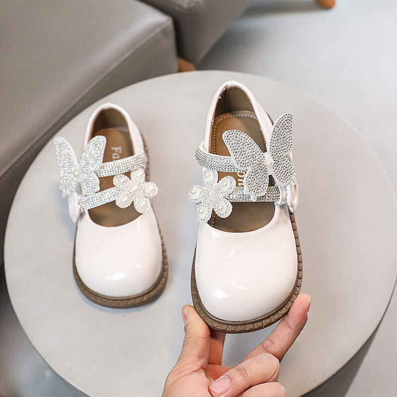 Dječje kožne cipele za 2024. Luksuzne cipele princeze s leptirima od kamenčića za djevojčice Modne slatke sjajne dječje cipele za vjenčanje
