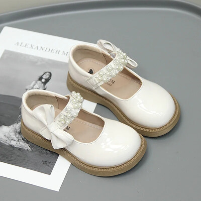 Pantofi din piele pentru fete Arcă de modă pentru copii cu perle Prințesă șic lucioasă Copii versatile mocasini superficiali pentru petrecere nuntă 2024