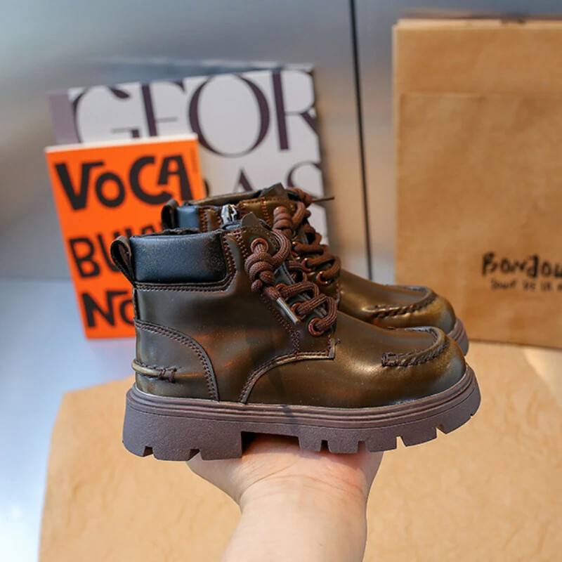 Cizme din piele pentru fete, moda toamna 2023, cizme pentru copii, antiderapante, pentru copii, școală, copii, băieți, cu vârf rotund, cu fermoar lateral