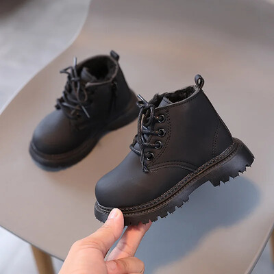 Cizme pentru fete pentru copii Pantofi negri cu vârf rotund pentru băieți Moda anti-alunecare Copii școală Cizme din bumbac Fermoar lateral Versatil