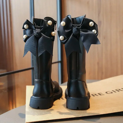 Põlveni ulatuvad saapad Lastejalatsid Uued 2024. aasta sügistalvine mood Kõrge ülaosaga üliõpilasjalatsid Tüdrukute printsessikingad koos vibuga lastesaabastega