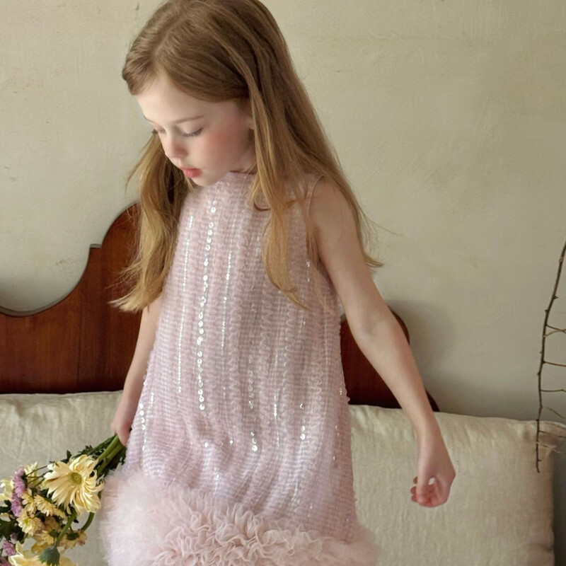 2024. aasta suve uued lasterõivad, tüdrukute roosa ruuduline lõngakleit Korea laste varrukateta ponilõngast kleit