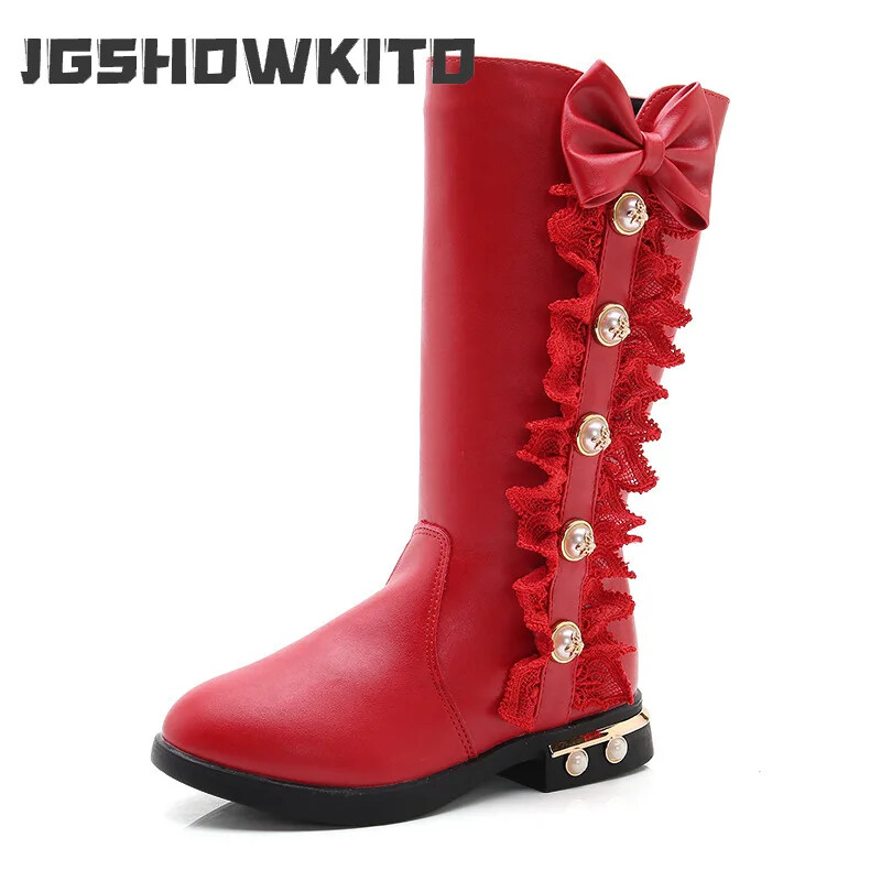 Čizme za djevojčice Jesen Zima Dječje čizme za princeze Čipkani biseri s mašnom Slatka topla pamučna krznena podstava Dječje duge čizme visoke