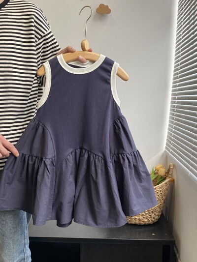 HoneyCherry Rochie pentru fete de vară, culoare solidă, mozaic, rochie, subțire, funky, fără mâneci, pentru copii, haine pentru fete