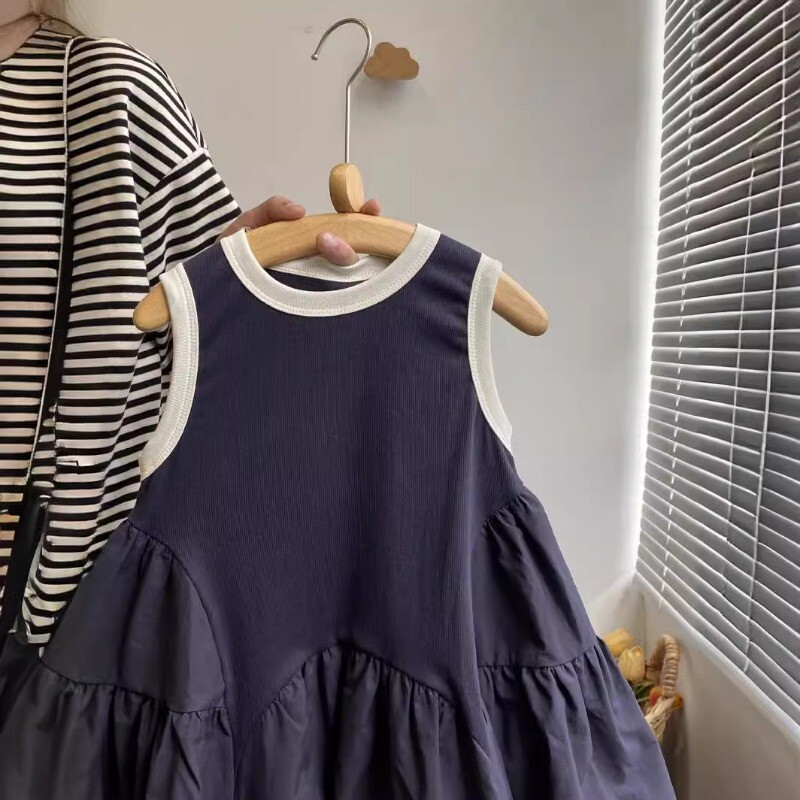 HoneyCherry Rochie pentru fete de vară, culoare solidă, mozaic, rochie, subțire, funky, fără mâneci, pentru copii, haine pentru fete