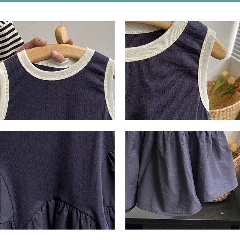 HoneyCherry Rochie pentru fete de vară, culoare solidă, mozaic, rochie, subțire, funky, fără mâneci, pentru copii, haine pentru fete