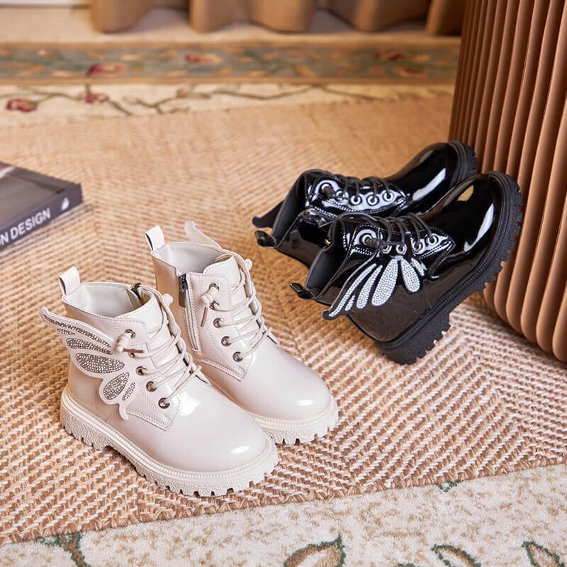 Cizme noi de toamnă pentru copii Moda fete Cizme scurte negre Studenți Fluture sălbatic Strasuri Pantofi pentru copii Cizme din piele H279