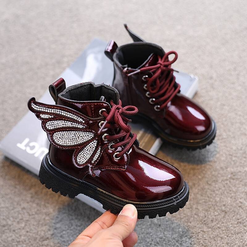 Cizme noi de toamnă pentru copii Moda fete Cizme scurte negre Studenți Fluture sălbatic Strasuri Pantofi pentru copii Cizme din piele H279