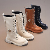 Cizme de modă pentru copii din piele PU solidă, cu fermoar cu inimă de metal, pantofi pentru fete, primăvară, toamnă, anti-alunecare, cizme lungi pentru copii