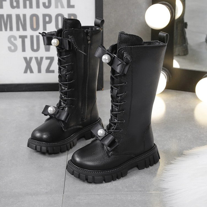 Dizajnerska mašna s bisernom vrpcom Čizme za djevojčice princeze od pune PU kože s patentnim zatvaračem Dječje modne čizme 2023 Neklizajuće dječje cipele do koljena