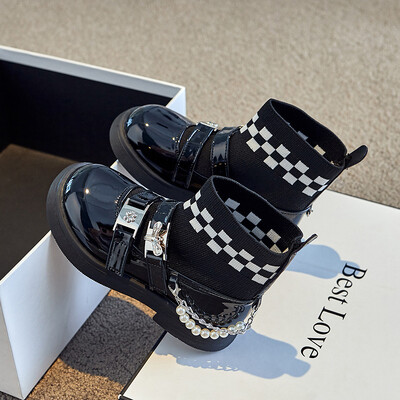 Cizme pentru fete de primăvară, toamnă, tricotată, ghete pentru copii, din piele lăcuită, vârf rotund, pantofi pentru copii, prințesă de modă.