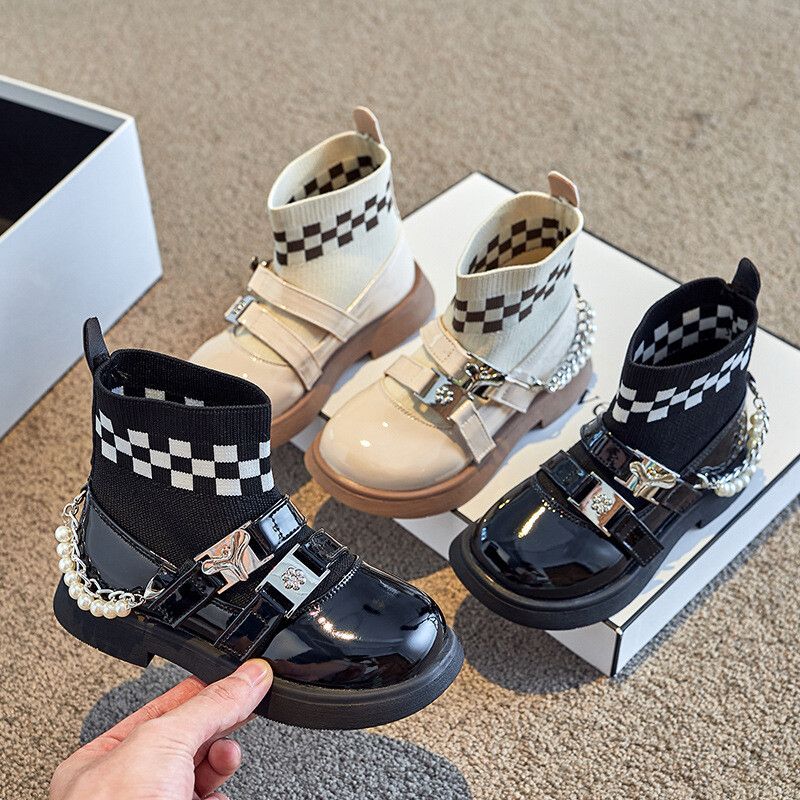 Cizme pentru fete de primăvară, toamnă, tricotată, ghete pentru copii, din piele lăcuită, vârf rotund, pantofi pentru copii, prințesă de modă.