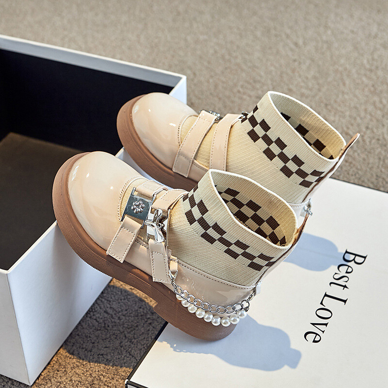 Cizme pentru fete de primăvară, toamnă, tricotată, ghete pentru copii, din piele lăcuită, vârf rotund, pantofi pentru copii, prințesă de modă.