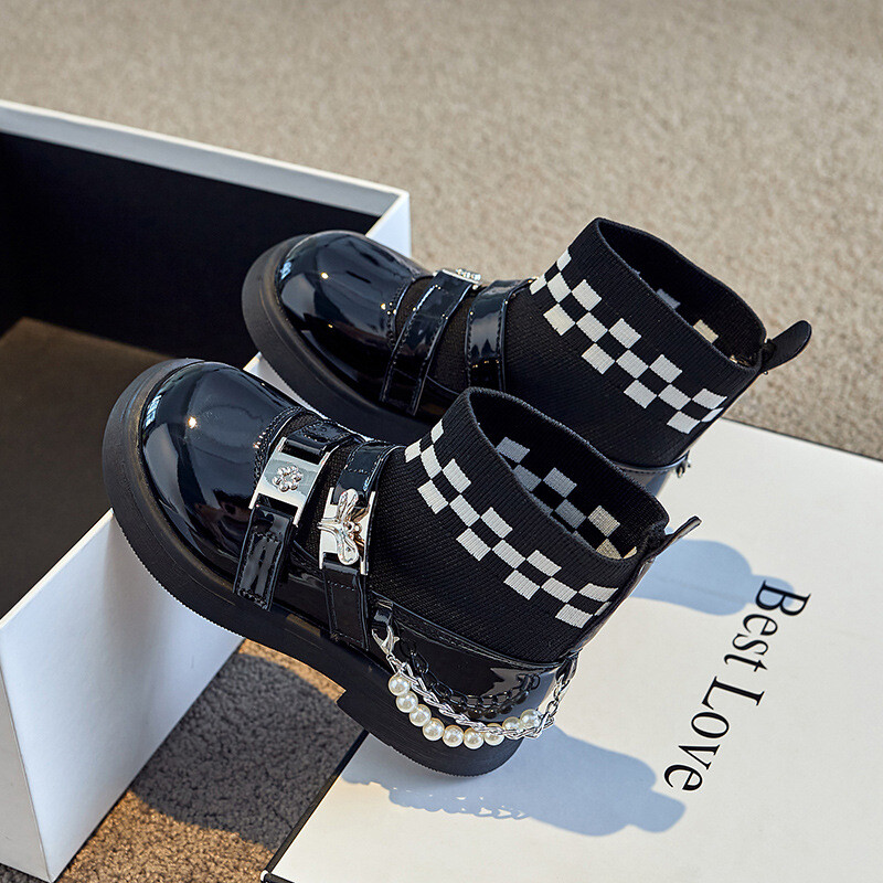 Cizme pentru fete de primăvară, toamnă, tricotată, ghete pentru copii, din piele lăcuită, vârf rotund, pantofi pentru copii, prințesă de modă.