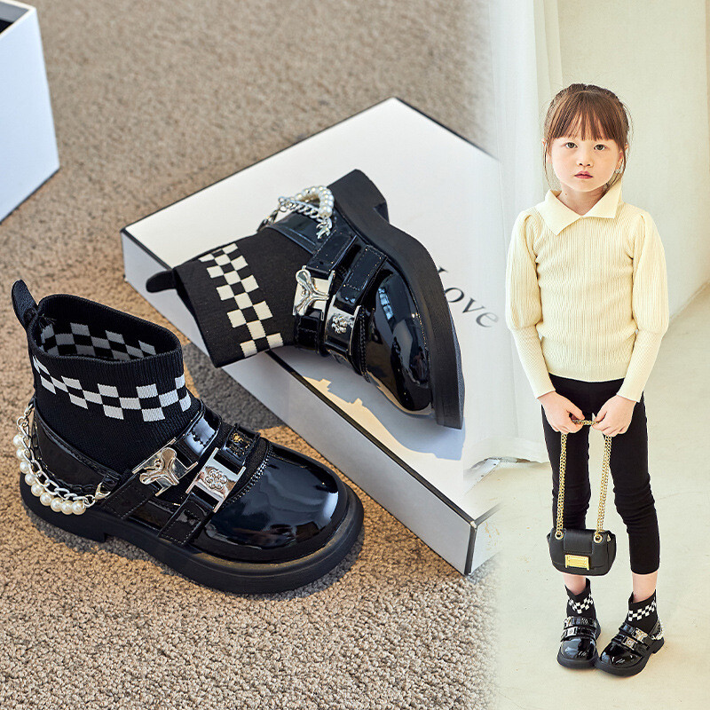 Cizme pentru fete de primăvară, toamnă, tricotată, ghete pentru copii, din piele lăcuită, vârf rotund, pantofi pentru copii, prințesă de modă.