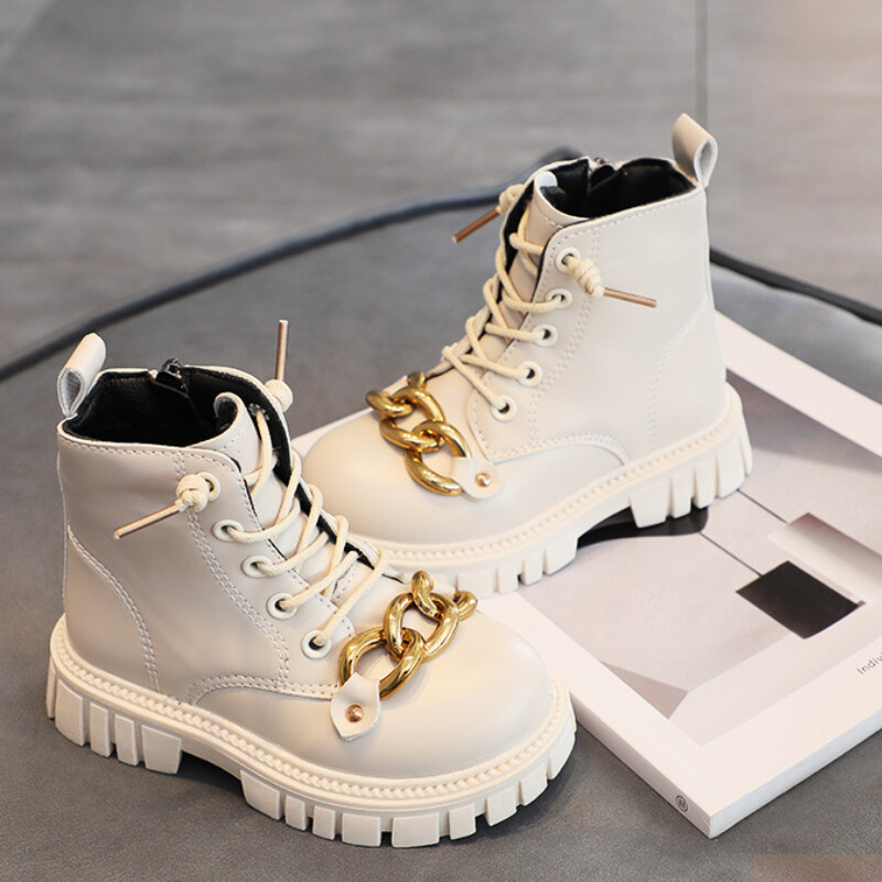 Cizme din piele pentru copii la modă, toamnă iarnă, cu lanț metalic, cizme pentru fete, din bumbac cald, cizme pentru copii, versatilă, anti-alunecare, pantofi pentru fete