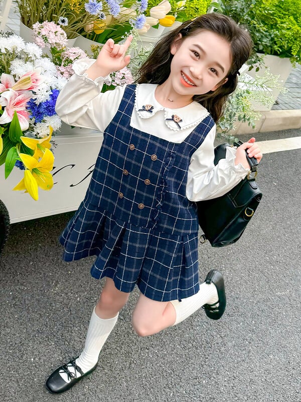 Toamnă pentru fete, cu mâneci lungi, plasă, desene animate, stil japonez, rochie de prințesă în carouri, pentru copii 2-8 ani